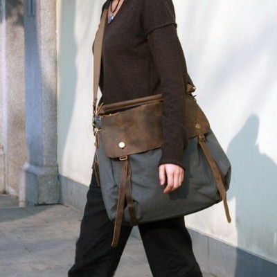 KA5 MAIL VINTAGE™ Fait main gris sac bandoulière femme en toile et cuir